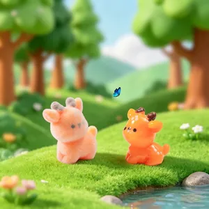 Miniature cartoon deer figurines with flocked and resin finishes for DIY micro-landscape decor