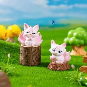 Cute miniature pink kitsune fox figurines for fairy garden landscape DIY decoration