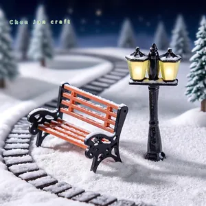Miniature park bench and nostalgic double street lamp for DIY micro-landscape decor