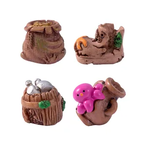 Set of four creative resin aquarium ornaments with sunken treasure bag and octopus jar