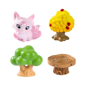 Set of four miniature fairy garden ornaments featuring a pink fox fairy and forest trees