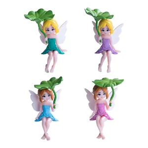 Set van 4 schattige miniatuur feeënbeeldjes met lotusbladeren voor tuindecoratie.