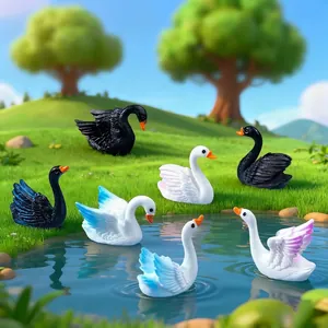 Statuine di cigno in miniatura nero bianco e blu per decorazione di giardino fai da te