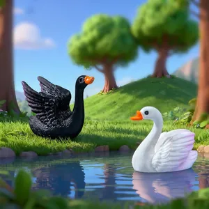 Simpatiche statuette di cigno in bianco e nero per micro giardini fai da te