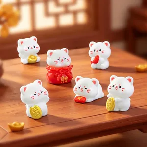 Set of 6 cute white Maneki-neko lucky cat figurines for DIY dollhouse and car decor