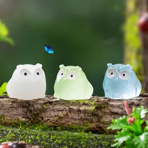 Set of three glow-in-the-dark mini owl figurines for fairy garden DIY decoration