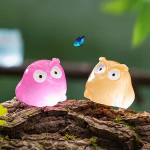 Pair of luminous resin owl figurines for DIY fairy garden and micro landscape decor.