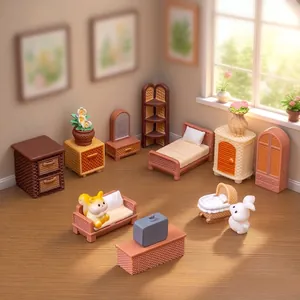 Miniature Rattan Furniture Set For Dollhouse DIY Micro Landscape Resin Retro Tiny Wardrobe Bed Sofa Desktop Ornament Accessories