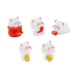 Cute set of five white resin lucky cat figurines for micro-landscape and DIY desk decor