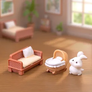 Miniature rattan sofa and cradle set with cute white rabbit for dollhouse DIY decoration