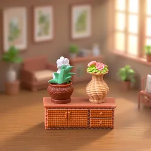 Miniature dollhouse furniture set with woven cabinet and flower pots.