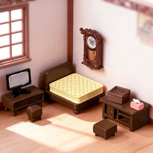 Miniature dollhouse furniture set including bed clock and TV for DIY decor scenes