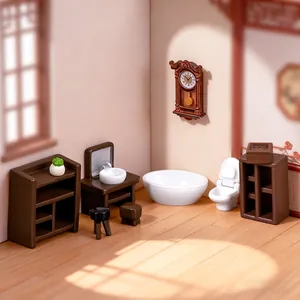 Miniature dollhouse furniture set with wooden vanity, bathtub, and vintage wall clock