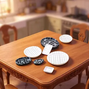 Collection of miniature grid pattern plates for dollhouse DIY decor accessories.
