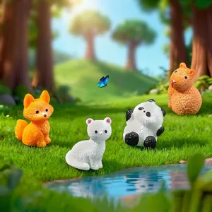 Miniature realistic animal figurines of capybara, fox, panda and cat for DIY micro landscapes