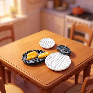 Detailed miniature grid pattern plates and bread set for dollhouse kitchen decor.