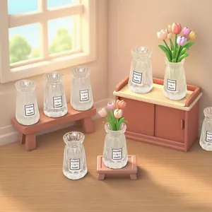 Set of miniature clear ribbed glass vases for dollhouse DIY micro landscape decor