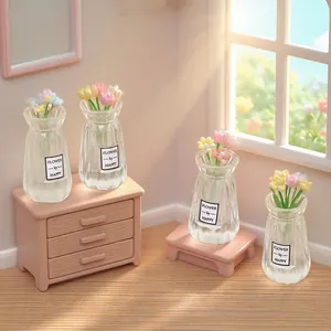 Set of 4 miniature dollhouse glass flower vases with colorful tulips for DIY decor.