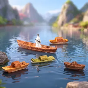 Set of miniature Chinese rowing boats and bamboo rafts for aquarium and terrarium DIY decor