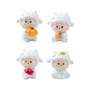 Set of 4 cute sheep farm figurines holding autumn harvest items for desktop decor