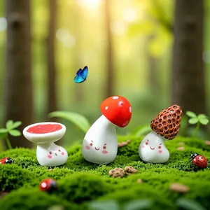 Adorable miniature ceramic mushroom figurines set for DIY moss landscape decor