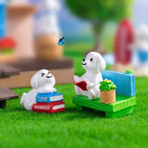 Miniature reading dog figurines for DIY fairy garden and dollhouse decoration