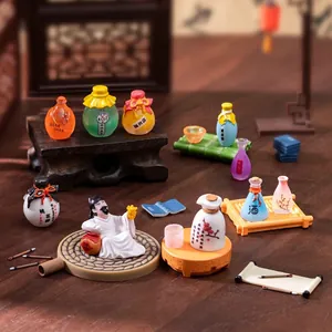 Miniature traditional Chinese wine bottle and poet figurine set for dollhouse.