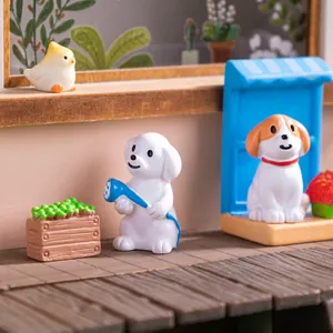 Miniature cartoon dog figurines and garden accessories for dollhouse DIY micro landscape decor