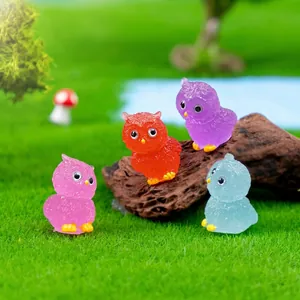 Miniature luminous owl figurines for garden DIY decor and micro landscapes
