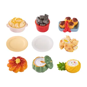 Set of 9 colorful miniature food models and tiny plates for creative dollhouse DIY decoration