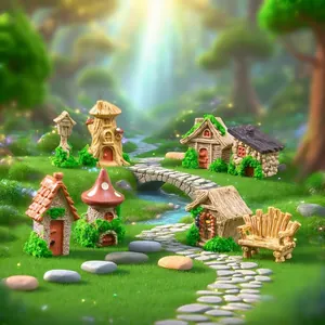 Miniature fairy garden village set with mushroom houses and stone bridge for DIY landscaping