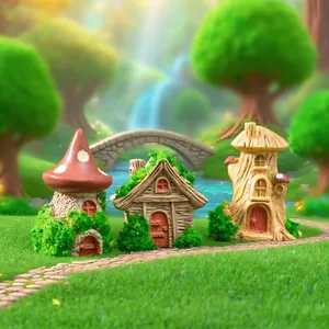 Miniature mushroom and tree stump fairy garden houses for DIY landscape decor