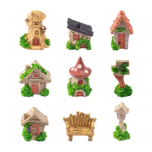 Set of 9 miniature fairy garden ornaments including mushroom houses, signs and benches