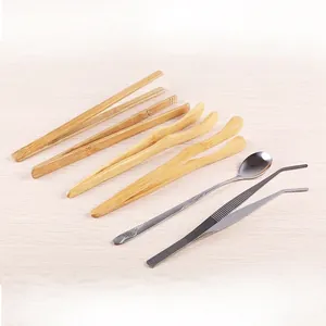 Gardening tool set with bamboo tongs and stainless steel curved tweezers