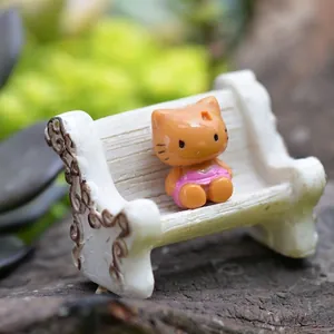 Miniature white resin garden chair and orange kitty figurine for micro landscape decor