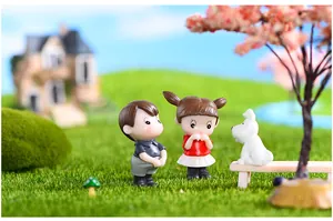 Miniature resin figurine set featuring a boy, girl, and dog for micro landscape decor