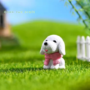 Miniature white resin puppy figurine with pink scarf for micro-landscape garden decor