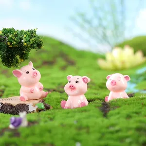 Three cute pink resin pig figurines set for garden and micro landscape decoration