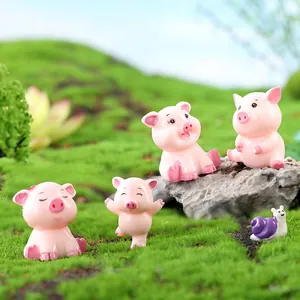 Cute pink pig resin figurines set for miniature garden and succulent plant decor