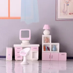 Mignon ensemble de meubles miniatures en résine rose et blanc avec bureau et armoire pour poupée
