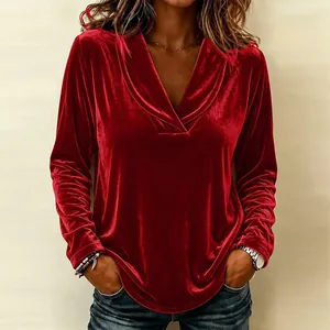 Haut à manches longues en velours rouge foncé élégant avec un col en V sexy pour femme