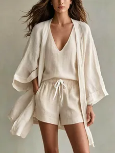 Detailed view of women's linen-textured 3-piece lounge set in beige color