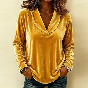 Haut élégant en velours jaune moutarde à col en V et manches longues pour femme