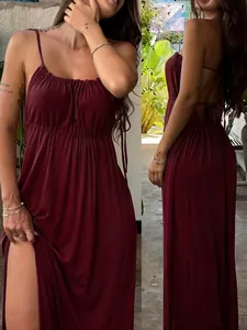 Elegant French style burgundy maxi camisole dress with a drawstring and side slit