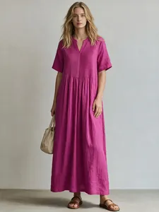 Elegant fuchsia cotton linen long dress with pleated V-neck details and a loose casual fit