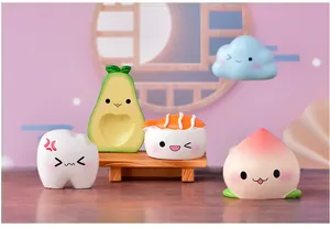 Cute resin mood doll figurines featuring avocado, sushi, and peach for micro-landscapes