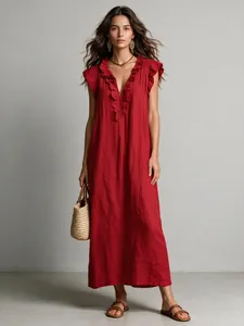 Full view of red bohemian maxi dress with ruffle neckline and flutter sleeves