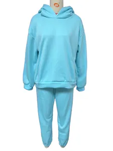 Gedetailleerd overzicht van een lichtblauwe dikke fleece hoodie en joggingbroek set