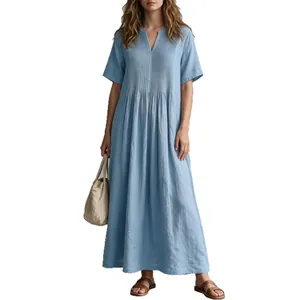 Elegant light blue V-neck short sleeve pleated cotton linen maxi dress for summer wear