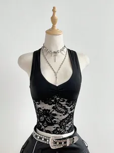 Canotta da Donna Gothic Punk con Patchwork in Pizzo Scollo a V Sexy Laccio Posteriore Vestibilità Slim Senza Maniche Top Estivo